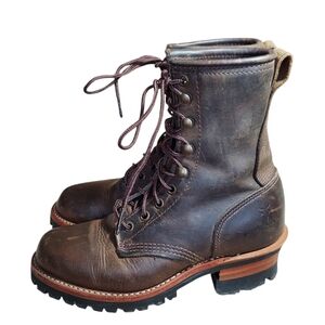Frye Logger Boots USA Made Brown Leather Lug Sole Lace Up Women's